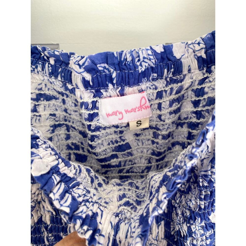 Mary Marshmallow Poppy Long Blue Block Print Smocked Puff Sleeve Midi Dress - Picture 6 of 6